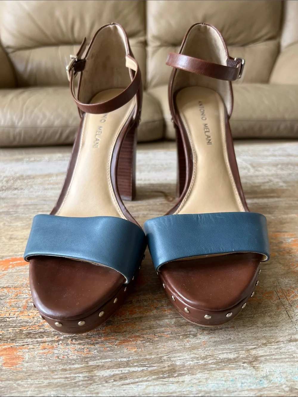 ANTONIO MELANI Brown and Teal Leather Block Heel Sandals